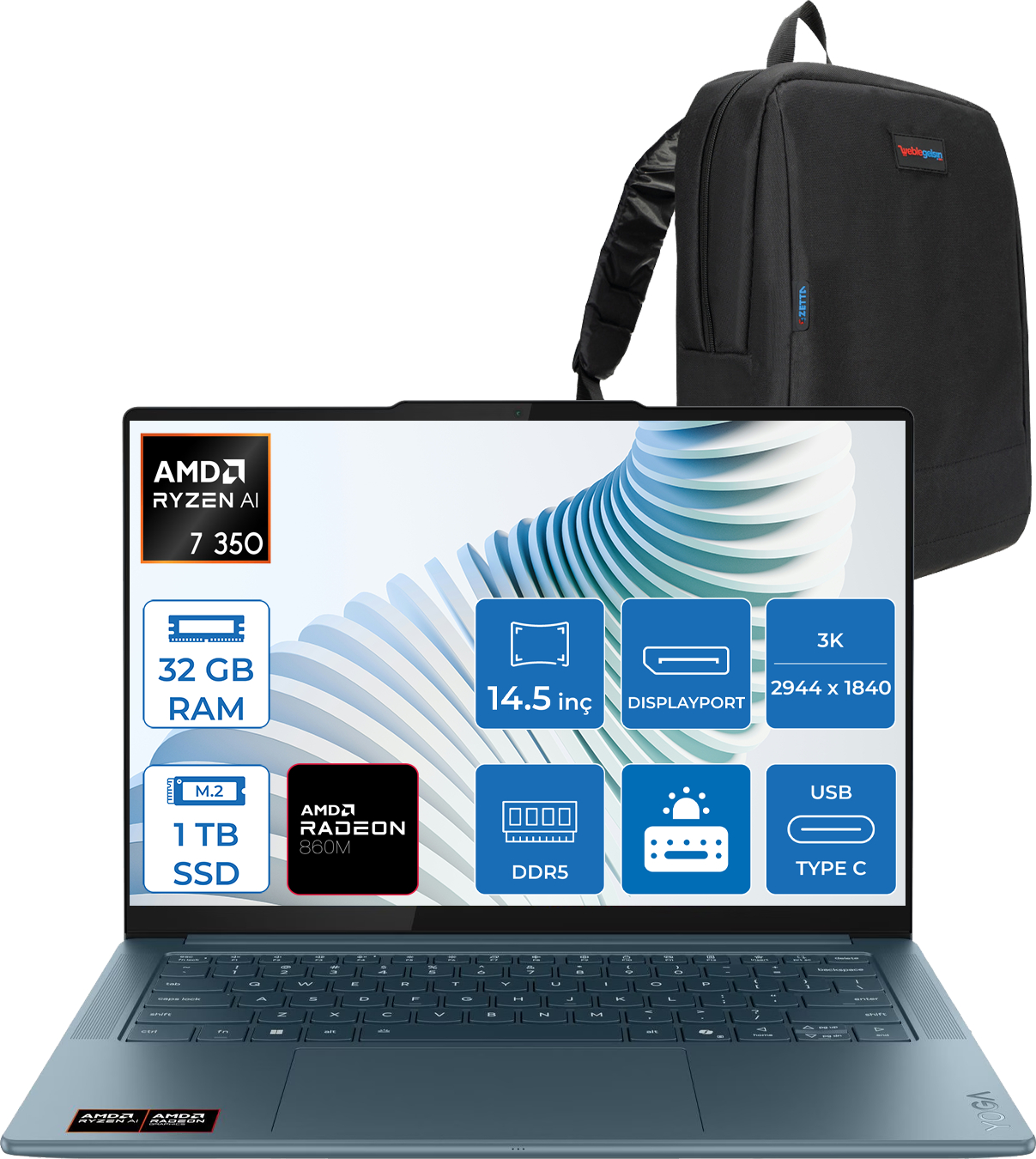 LENOVO Yoga Pro 7 14AKP10 LOQ 3k OLED 1000NITS YG83KG000GTRF03 AMD Ryzen 7 350 32 GB RAM 1 TB SSD 14,5 inç FreeDOS Laptop+Çanta Mavi