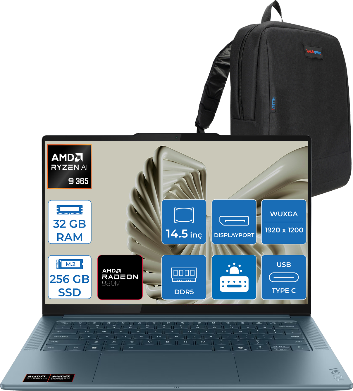 AMD Ryzen AI ve RADEON, 32 GB RAM, 256 GB SSD, 14,5 inç mavi dizüstü bilgisayar.