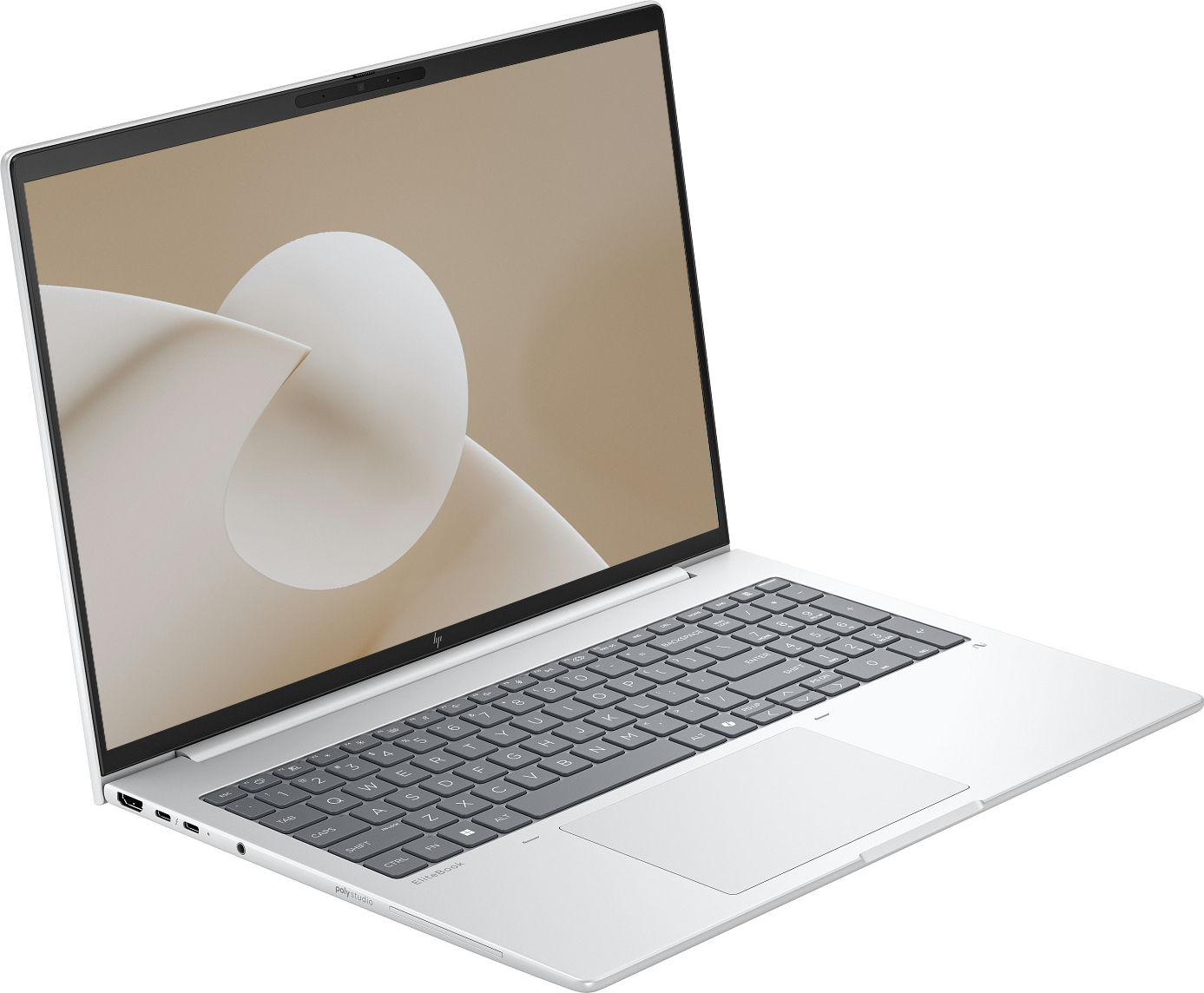 Gümüş rengi HP EliteBook dizüstü bilgisayar açık, klavye ve soyut sanatı gösteren ekranı görünüyor.