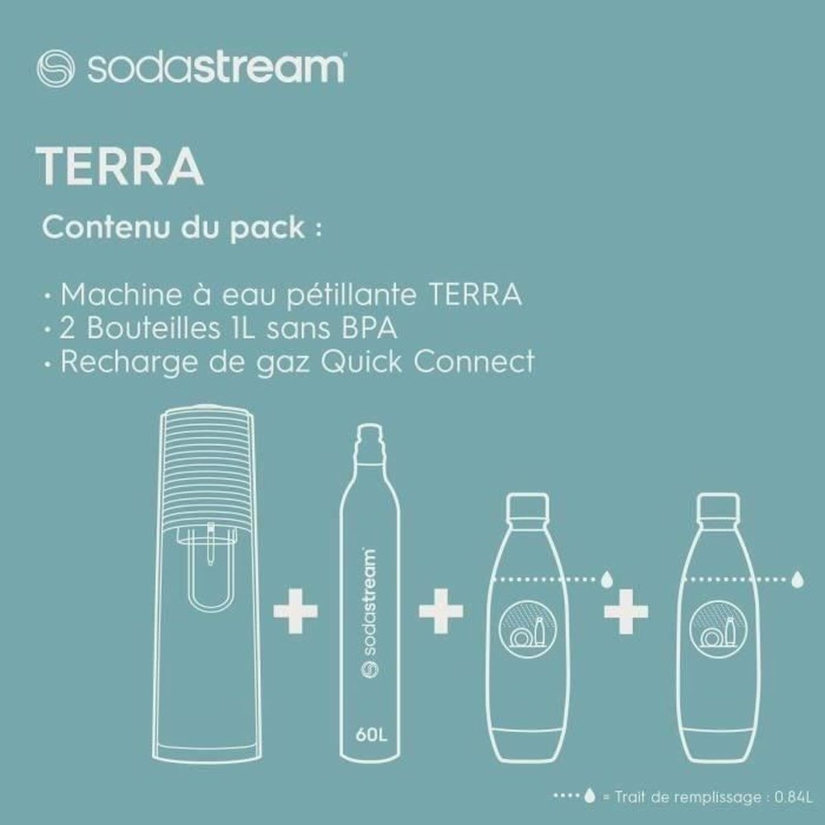 Zawartość opakowania Sodastream Terra: maszyna, 2 butelki, butla gazowa.