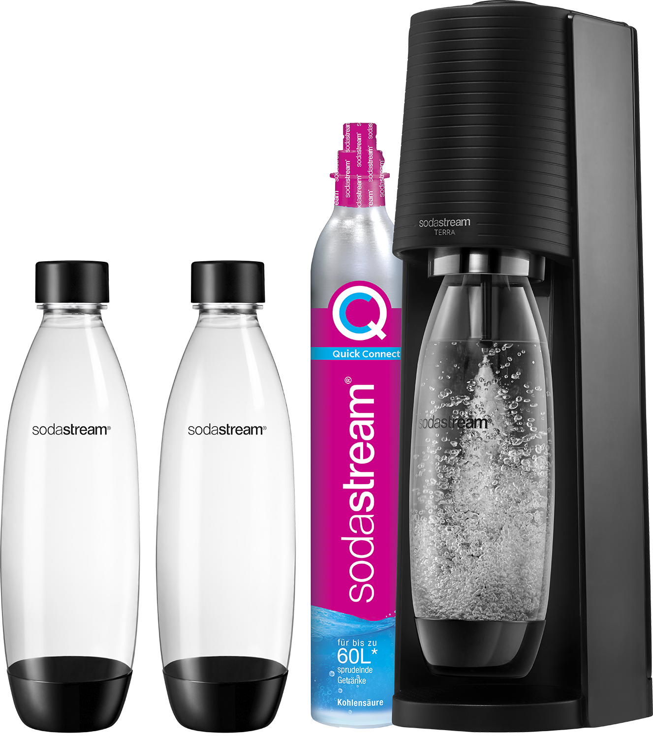 Saturator SodaStream Terra z dwiema pustymi butelkami i cylindrem CO2.