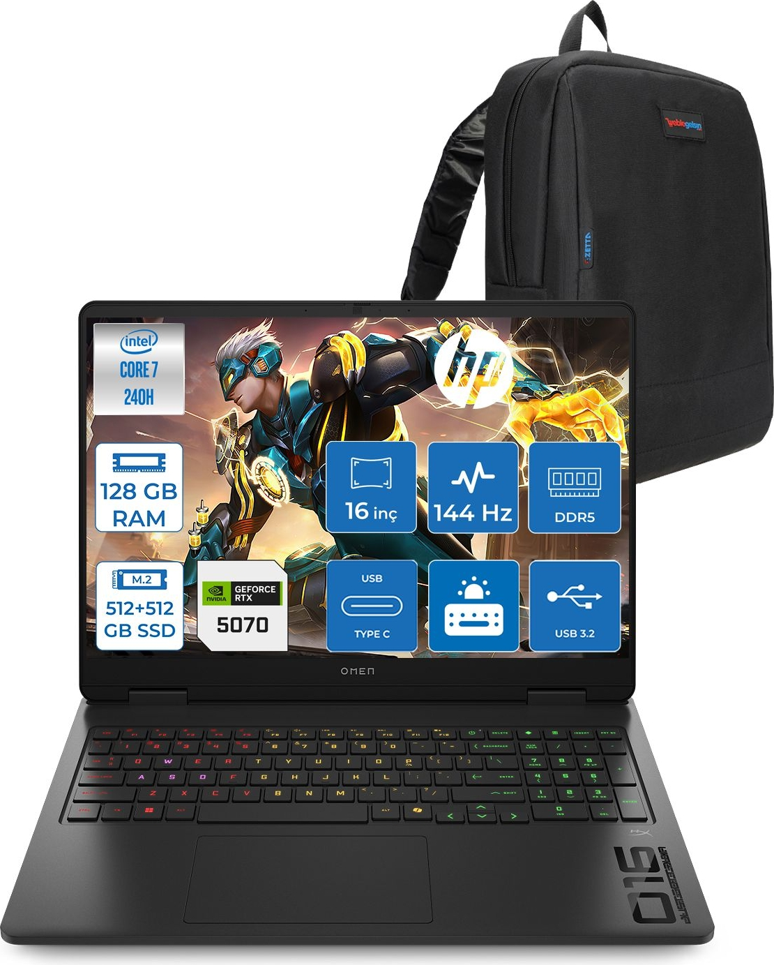 HP Omen Gaming RTX5070 2K 144 Hz 300 Nits CD8M6EAF50 Intel Core 7 240H 128 GB RAM 512 GB SSD 16 inç FreeDOS Laptop+Çanta Siyah