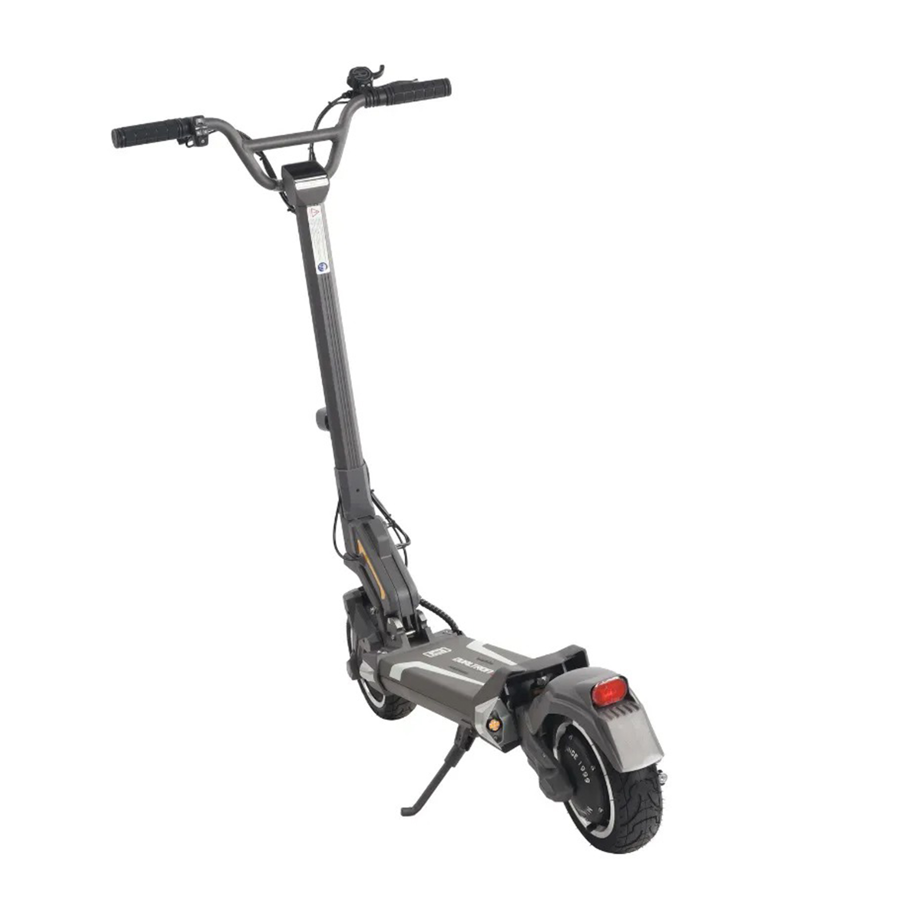 Siyah gidonlu ve kırmızı arka lambalı koyu gri elektrikli scooter gösterilmektedir.