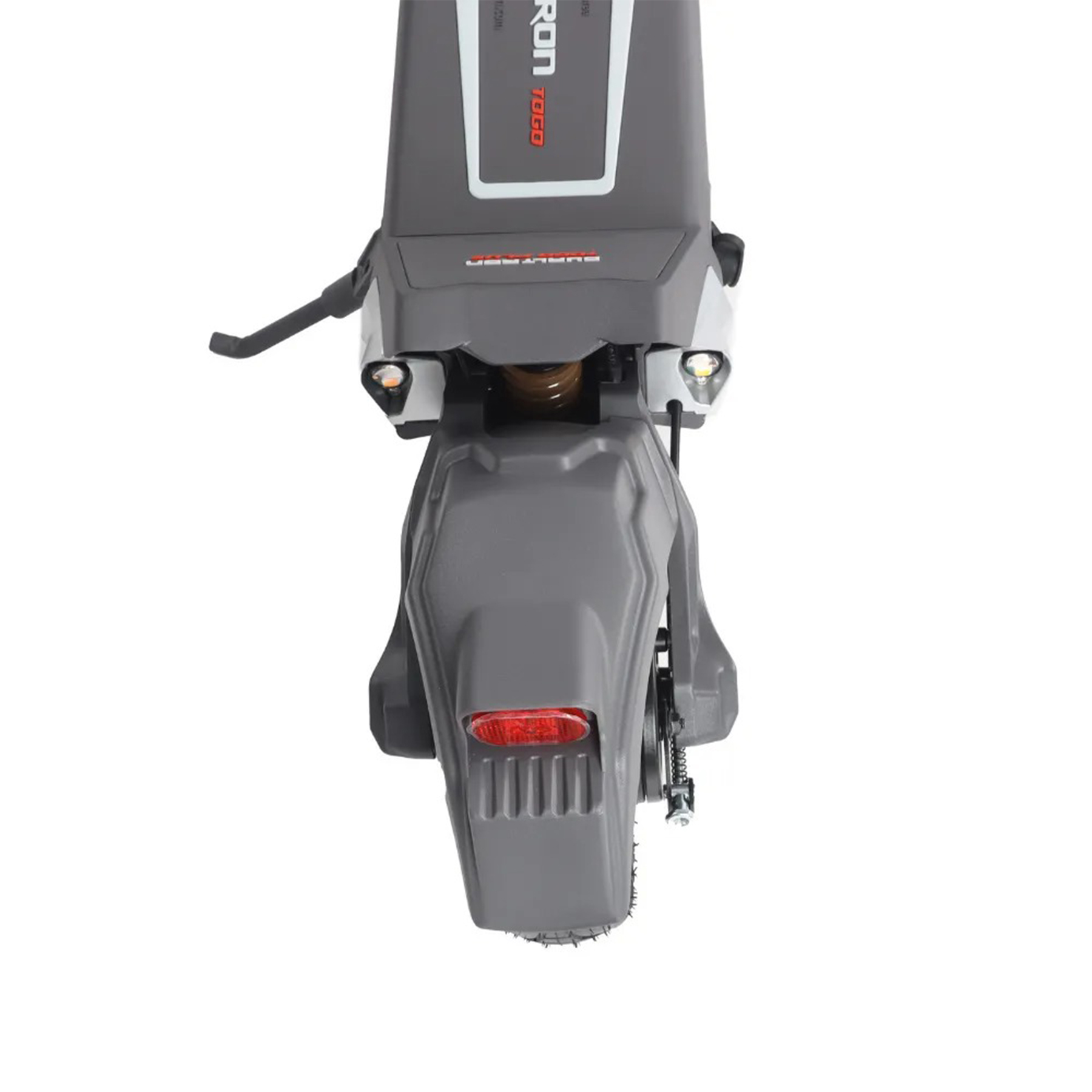 Gri elektrikli scooterin arka görünümü, kırmızı arka lambaları ve süspansiyonu.