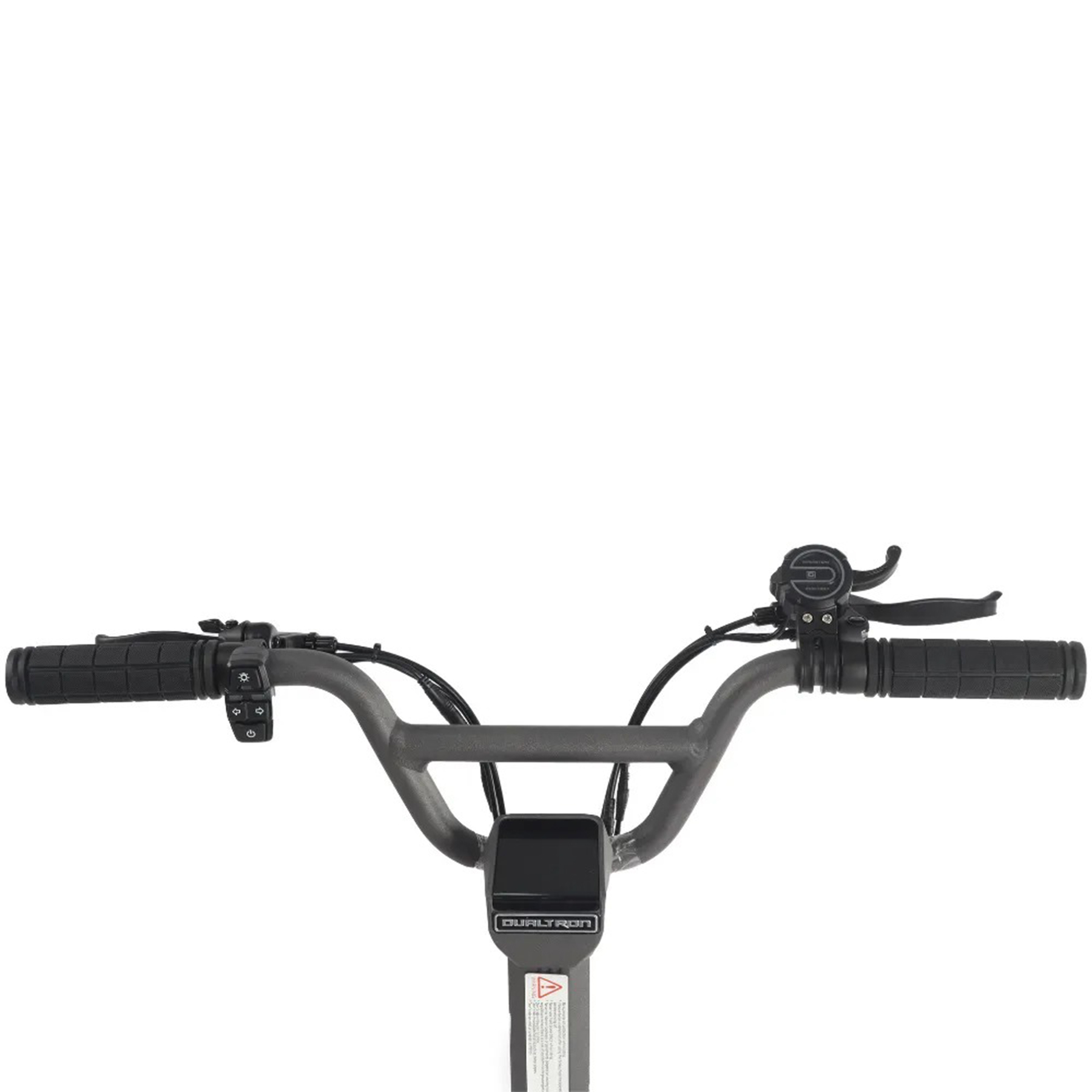 Gidon, fren kolu, düğmeler ve ekrana sahip gri elektrikli scooter gidonu.