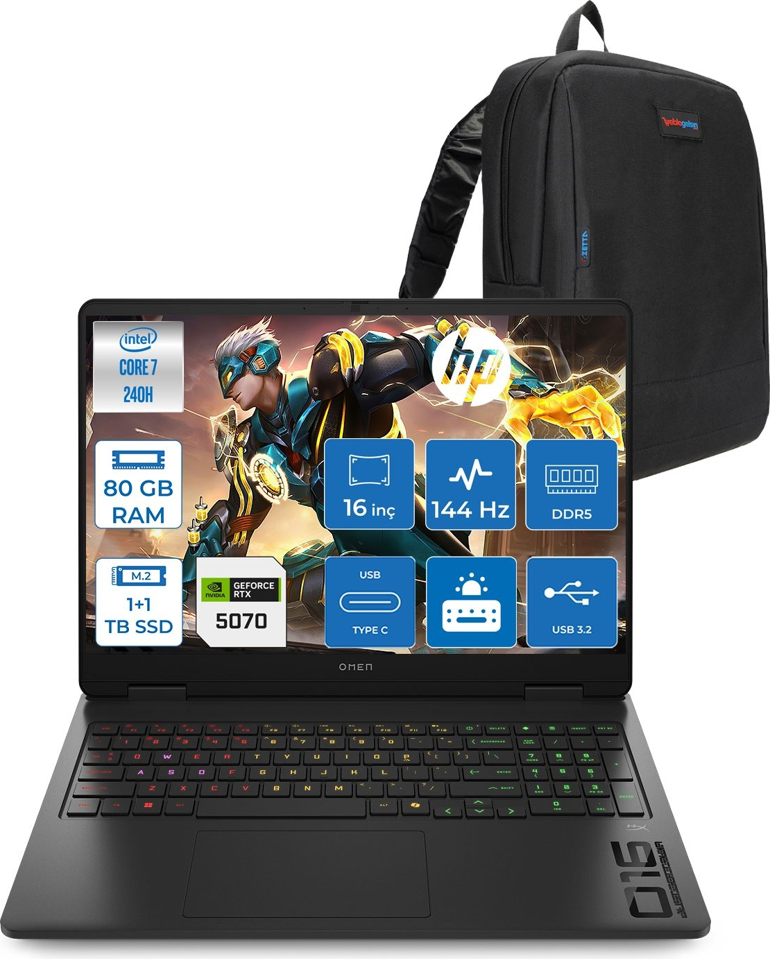 HP Omen Gaming AI RTX5070 2K 144 Hz 300 Nits CD8M6EAF36 Intel Core 7 240H 80 GB RAM 1 TB SSD 16 inç FreeDOS Laptop+Çanta Siyah