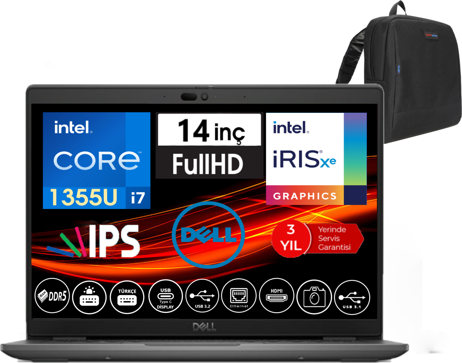 Intel Core i7 1355U işlemcili Dell dizüstü bilgisayar, 14 inç FHD IPS ekran ve Iris Xe grafik. Sırt çantası dahil.