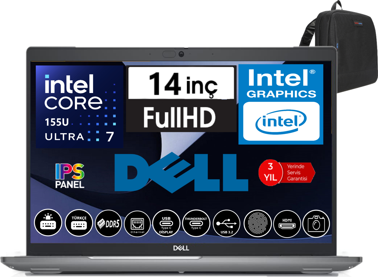 DELL Latitude 5450 DDR5 FHD IPS N012L545014W12 Intel® Core™ Ultra 7 155U 48 GB RAM 512 GB SSD 14 inç FreeDOS Laptop+Çanta Siyah