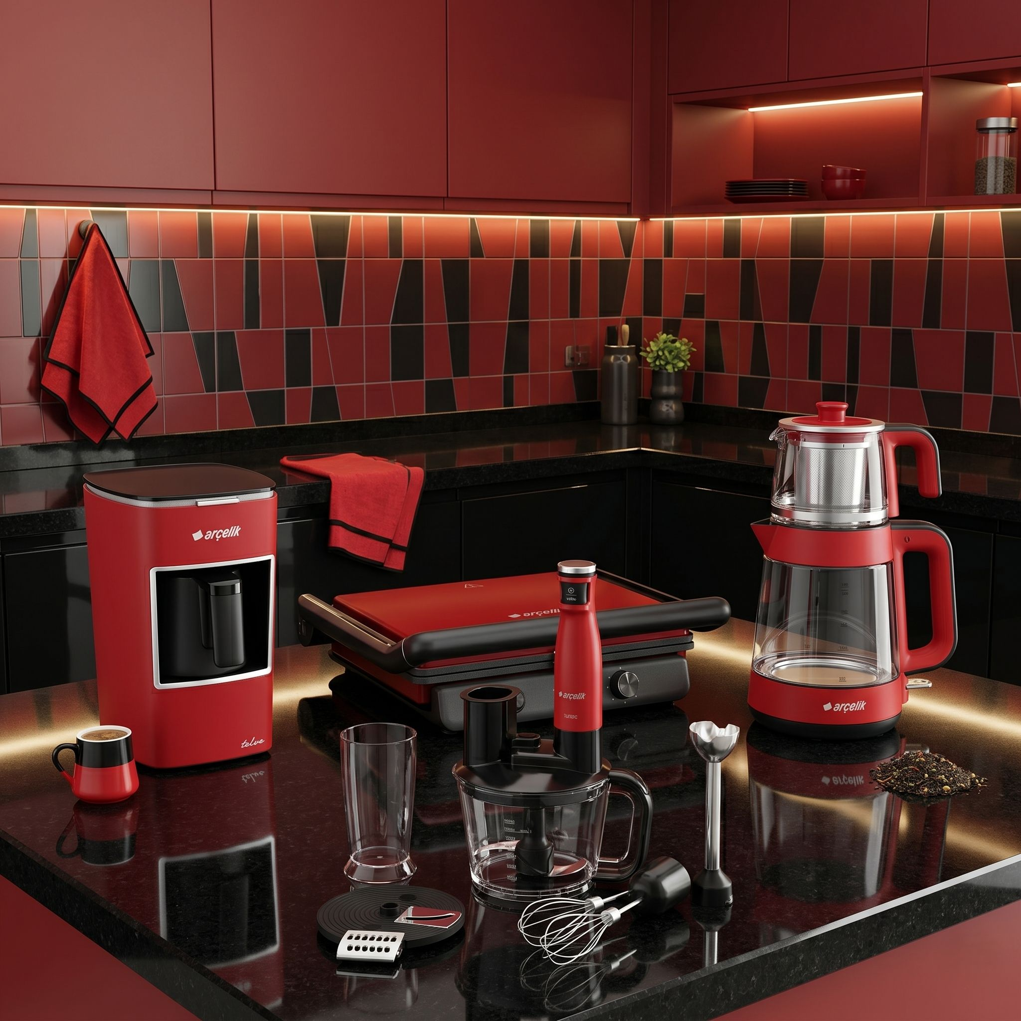 Kırmızı mutfak aletleri: kahve makinesi, ızgara, blender, el blenderı, çay makinesi.