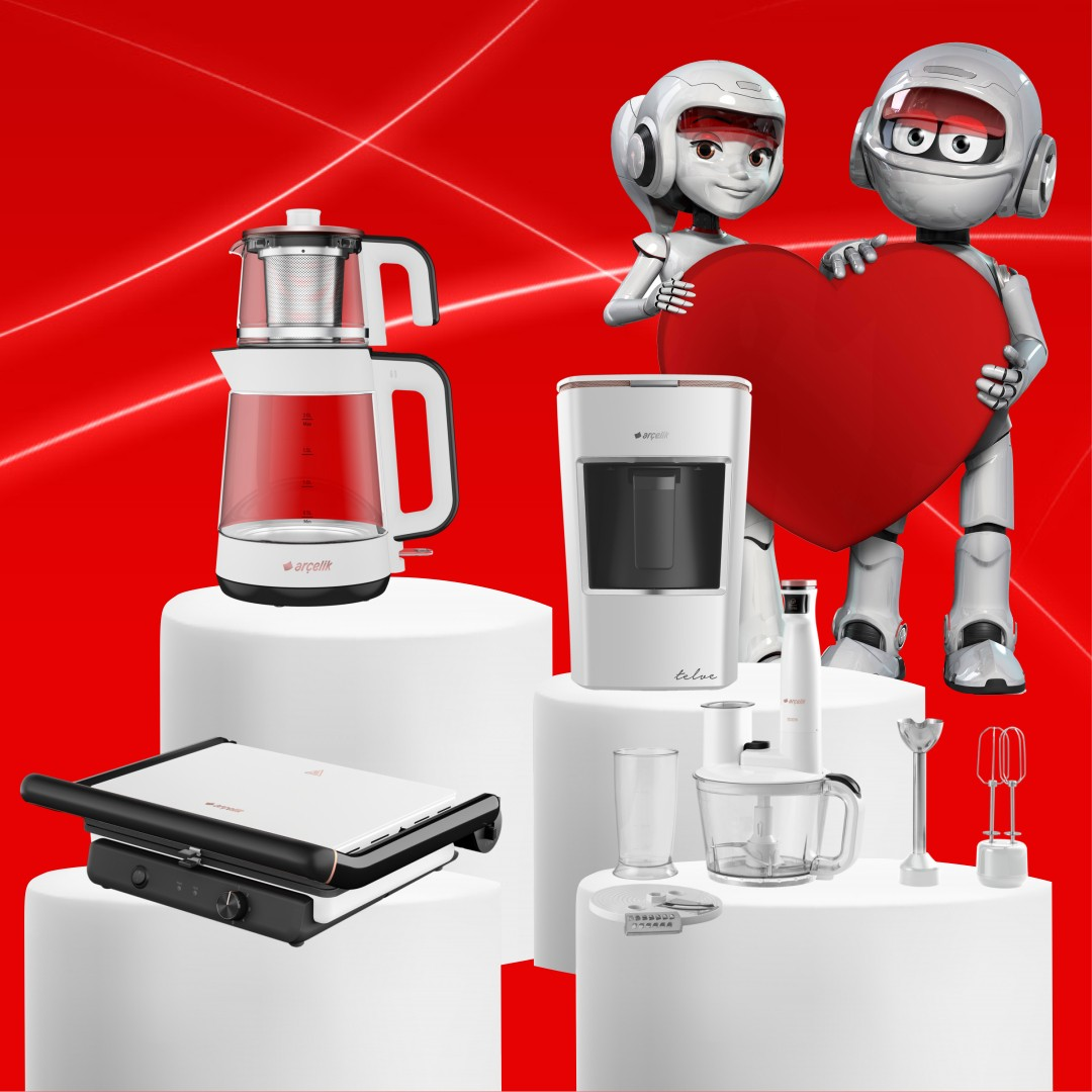 Robotlar kırmızı kalp tutuyor. Kırmızı arka plan üzerinde beyaz kaidelerde mutfak aletleri.