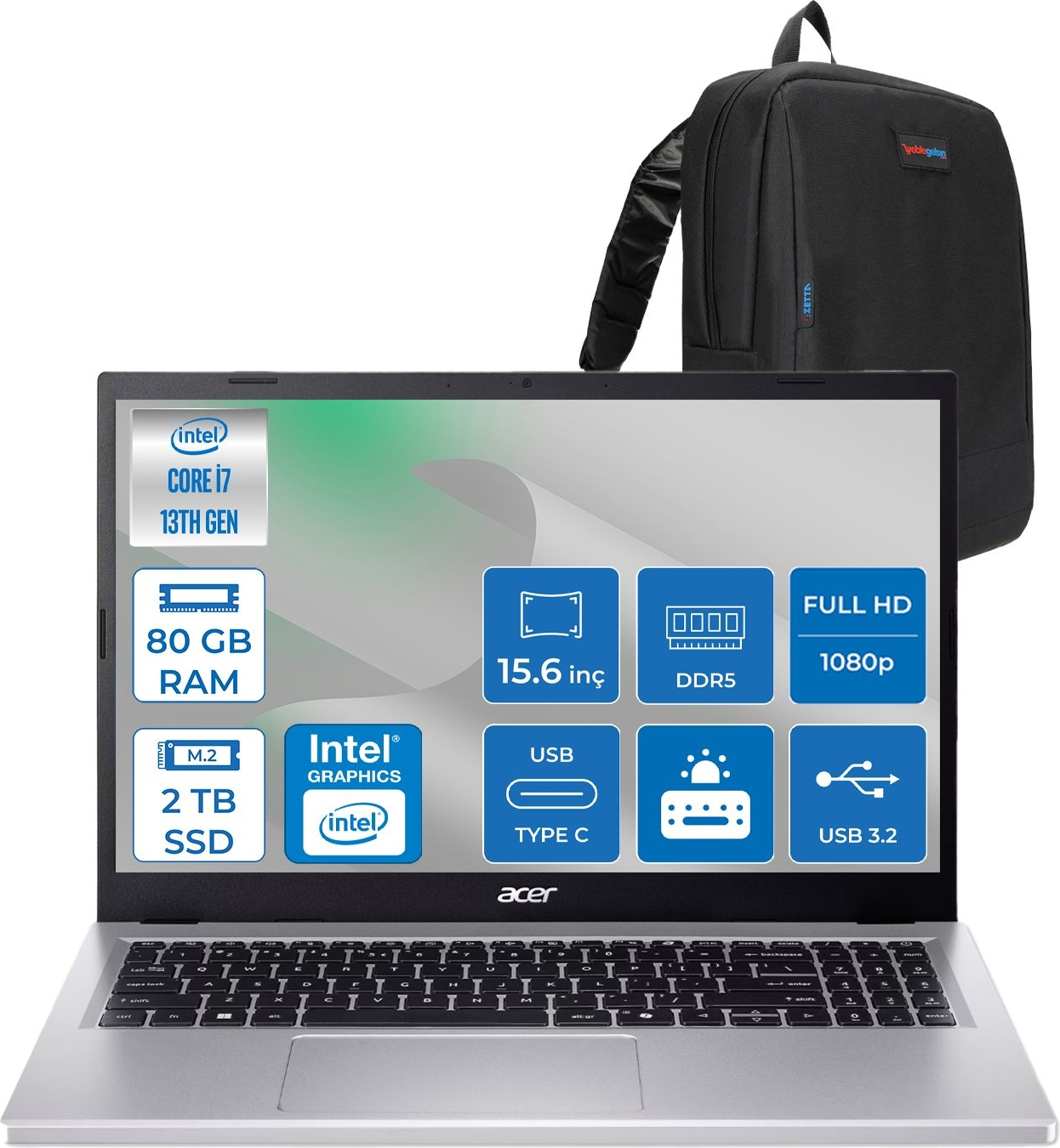 Intel Core i7, 80GB RAM, 2TB SSD, 15,6" FHD gümüş Acer dizüstü bilgisayar ve siyah sırt çantası.