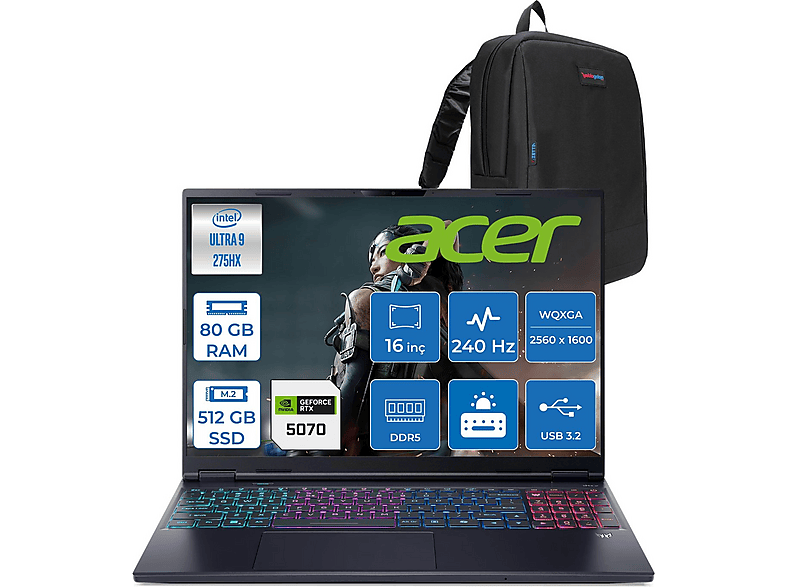 ACER Predator Helios Neo 16S RTX5070 NHQZFEY002F22 Intel® Core™ Ultra 9 275HX 80 GB RAM 512 GB SSD 16 inç FreeDOS Laptop+Çanta Siyah