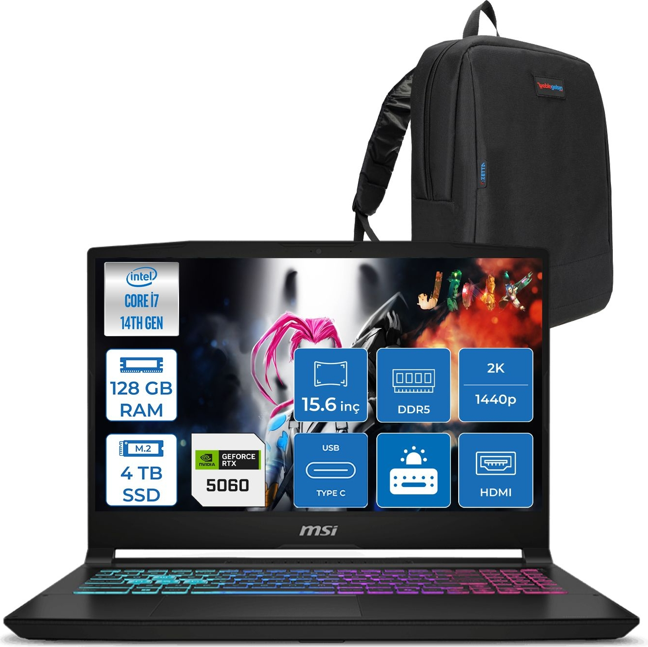 Intel Core i7, 128GB RAM, 4TB SSD, RTX 5060 özellikli siyah MSI oyuncu dizüstü bilgisayarı. Arkasında siyah sırt çantası.