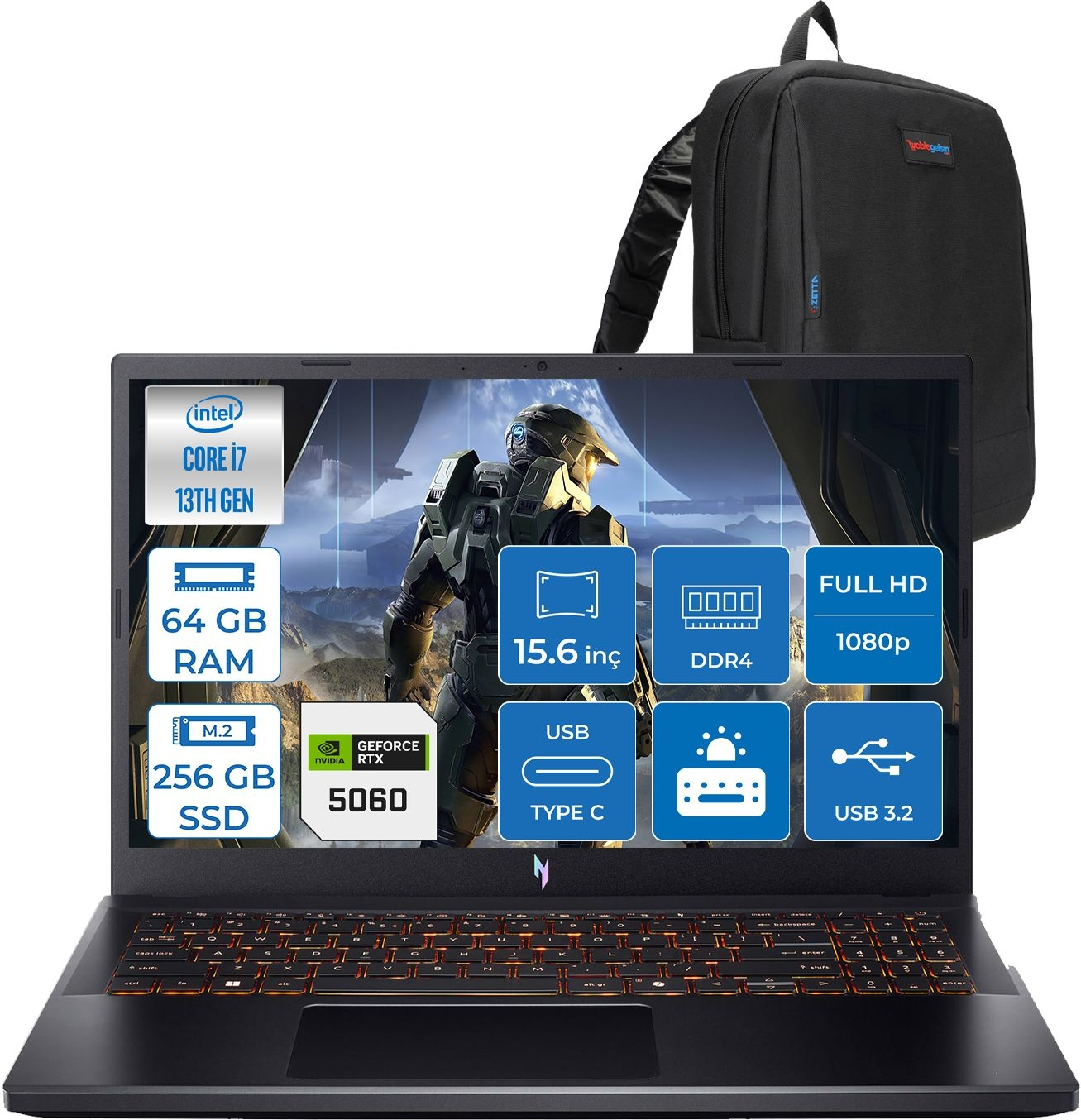 Intel Core i7, 64 GB RAM, 256 GB SSD, RTX 5060 özellikli siyah dizüstü bilgisayar. Yanında sırt çantası.