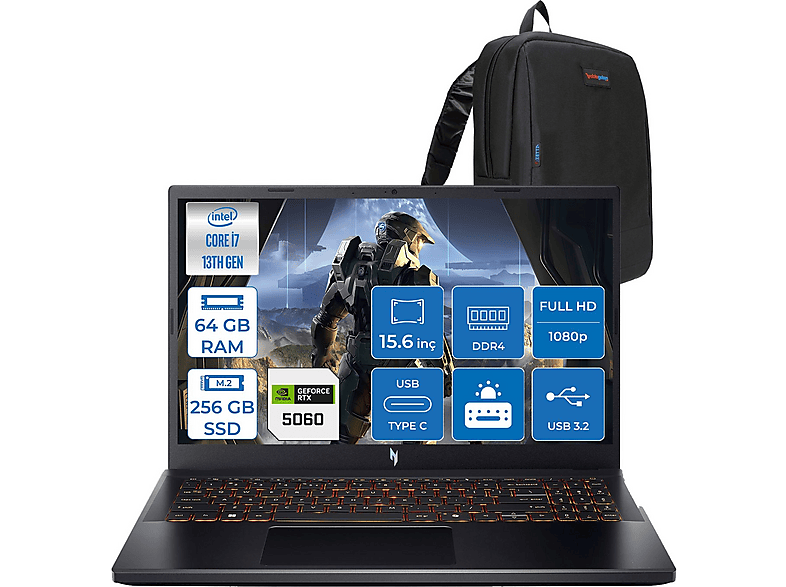ACER Nitro V15 ANV15 13.nesil 8GB/RTX5060 NHQZAEY001F21 Intel® Core™ i7-13620H 64 GB RAM 256 GB SSD 15,6 inç FreeDOS Laptop+Çanta Siyah