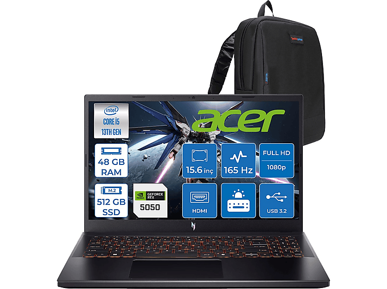 ACER Nitro V 15 ANV15 RTX5050/8GB NHQZ7EY003F17 Intel® Core™ i5-13420H 48 GB RAM 512 GB SSD 15,6 inç FreeDOS Laptop+Çanta Siyah