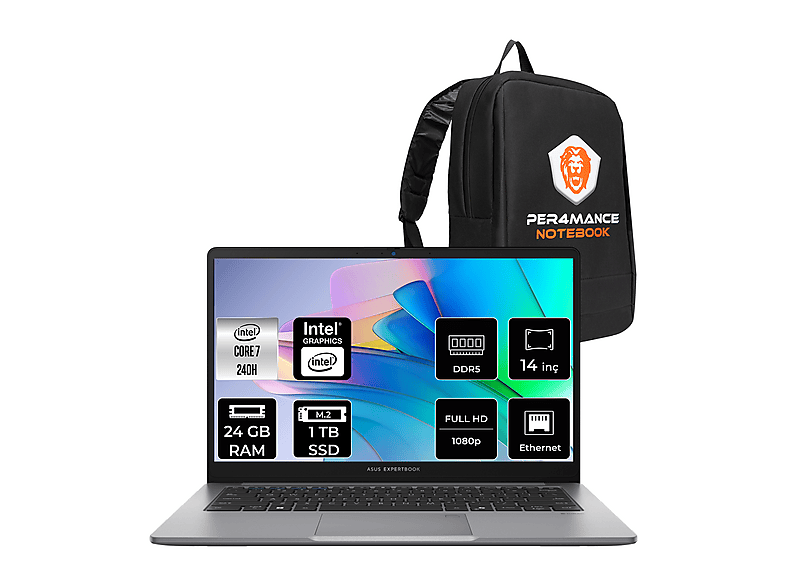 ASUS EB P1 C7 240H FHD P1403C716512G0DP313 Intel Core i7-240H 24 GB RAM 1 TB SSD 14 inç FreeDOS Laptop+Çanta Misty Grey