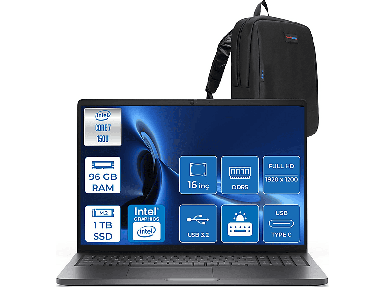 DELL Pro 16 PC16250 FHD+ IPS 1920 x 1200 300 nits PC16250C7165F28 Intel® Core™ 7-150U 96 GB RAM 1 TB SSD 16 inç FreeDOS Laptop+Çanta Siyah