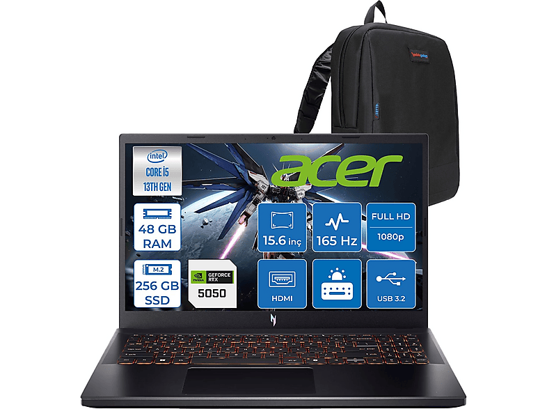 ACER Nitro V 15 ANV15 RTX5050/8GB NHQZ7EY003F16 Intel® Core™ i5-13420H 48 GB RAM 256 GB SSD 15,6 inç FreeDOS Laptop+Çanta Siyah