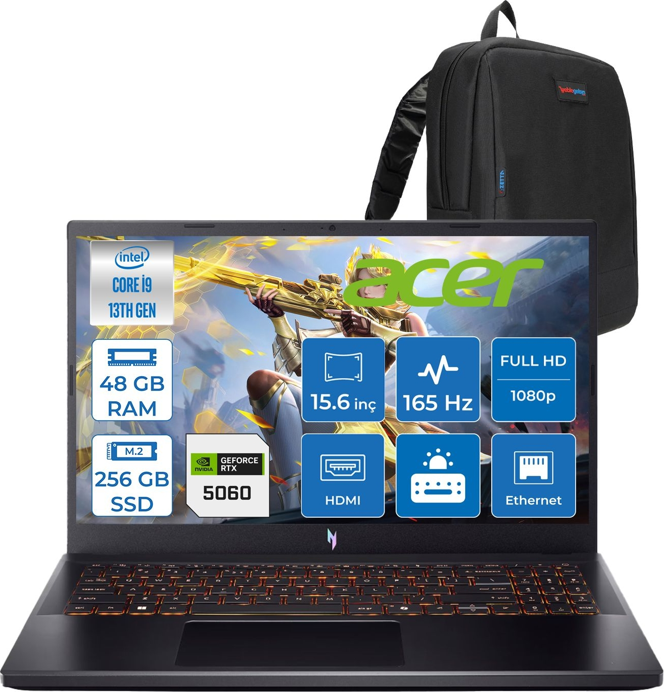 Intel Core i9, 48 GB RAM, 256 GB SSD, RTX 5060, 165Hz Acer Dizüstü ve sırt çantası.