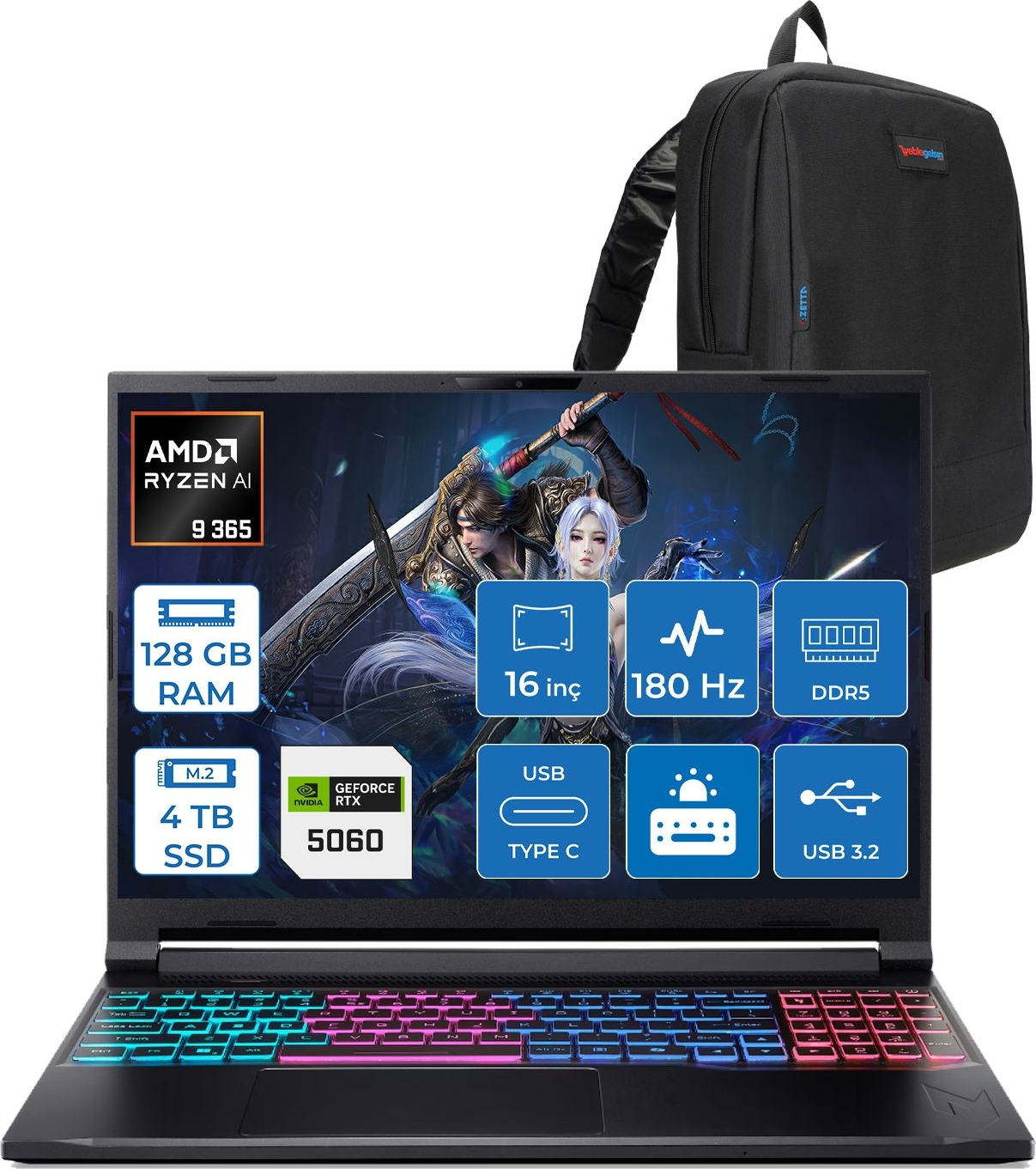 AMD Ryzen AI 9 365 işlemcili, 128 GB RAM, 4 TB SSD, 180 Hz ekranlı dizüstü bilgisayar ve sırt çantası.