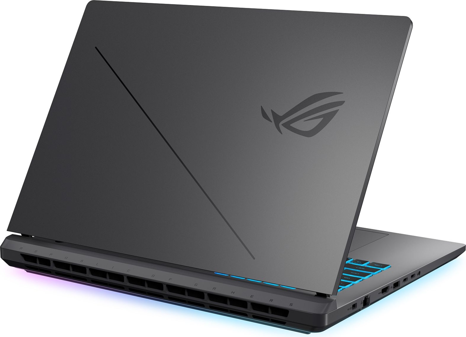 ROG logosu, mavi klavye aydınlatması ve aydınlatmalı tabana sahip gri dizüstü bilgisayar.