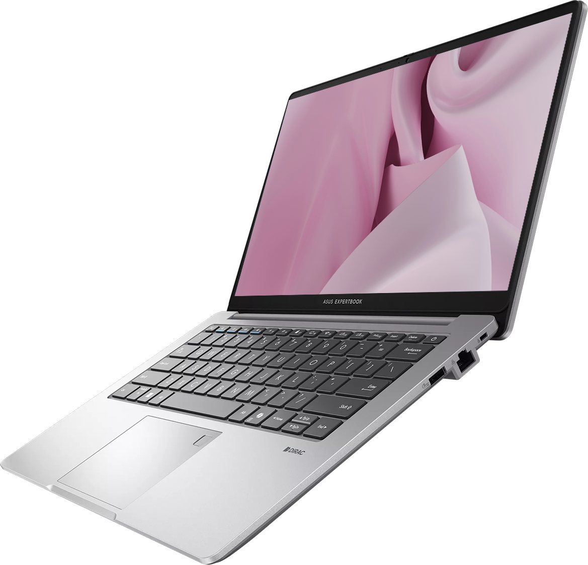 Pembe soyut desen gösteren açık ekranlı gümüş ASUS ExpertBook dizüstü bilgisayar.
