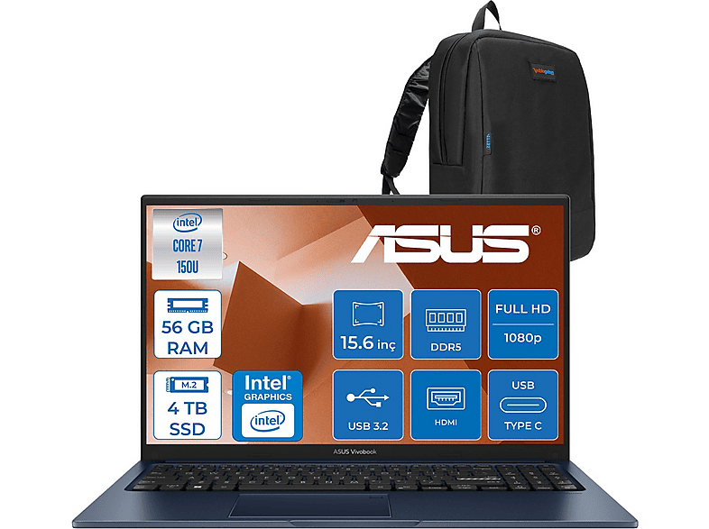 ASUS VivoBook 15 (X1504VA) X1504VA150UF25 Intel Core i7-150U 56 GB RAM 4 TB SSD 15,6 inç FreeDOS Laptop+Çanta Mavi