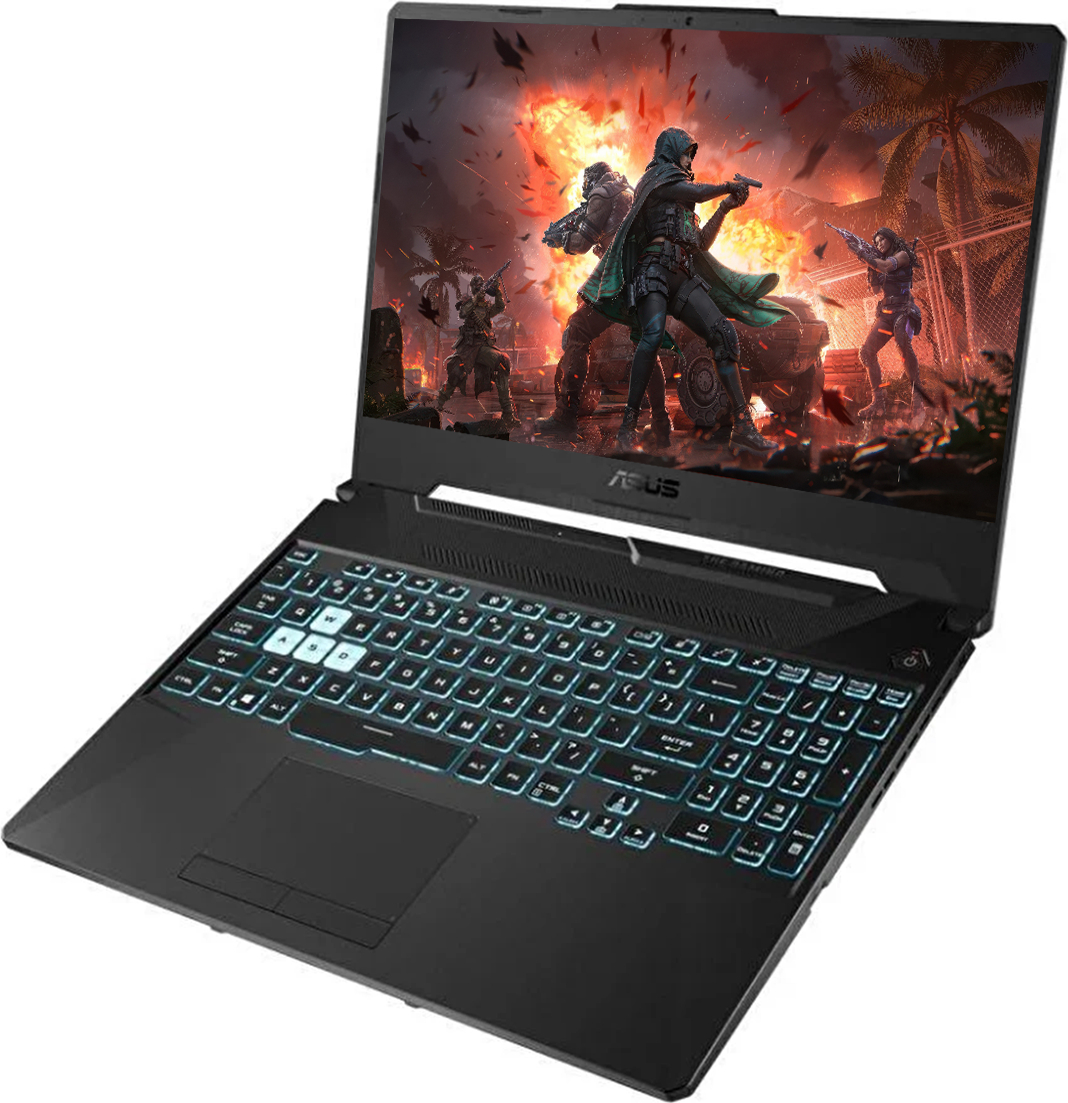 Savaş sahnesi gösteren aydınlatmalı klavyeli siyah ASUS oyuncu dizüstü bilgisayarı.