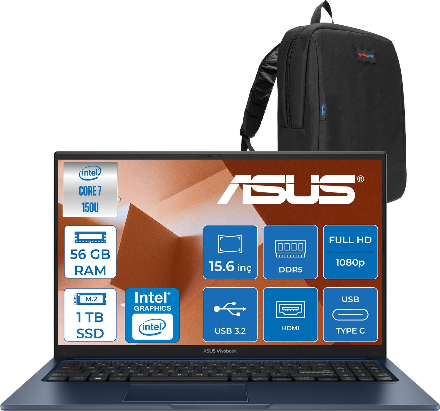 Intel Core 7, 56 GB RAM, 1 TB SSD'li mavi ASUS Vivobook dizüstü bilgisayar ve siyah sırt çantası.