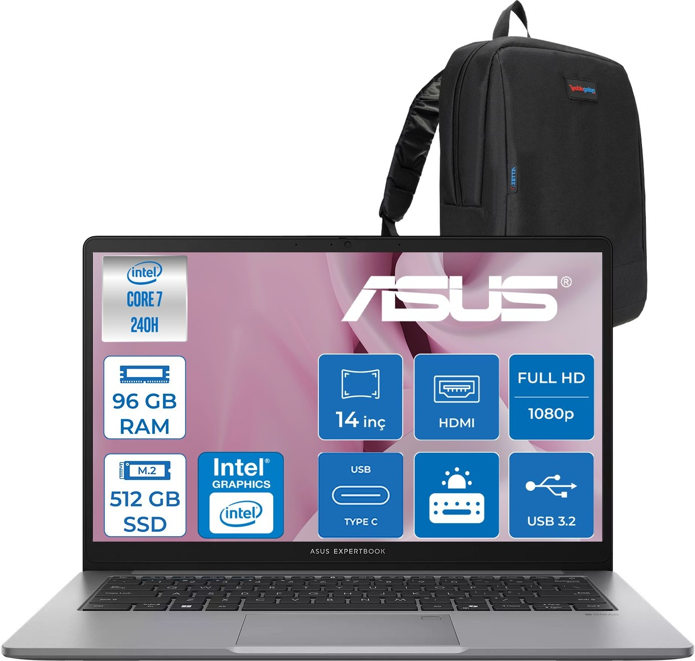 ASUS ExpertBook P1 P1403CVA PC716512G0DF32 Intel Core i7-240H 96 GB RAM 512 GB SSD 14 inç FreeDOS Laptop+Çanta Siyah