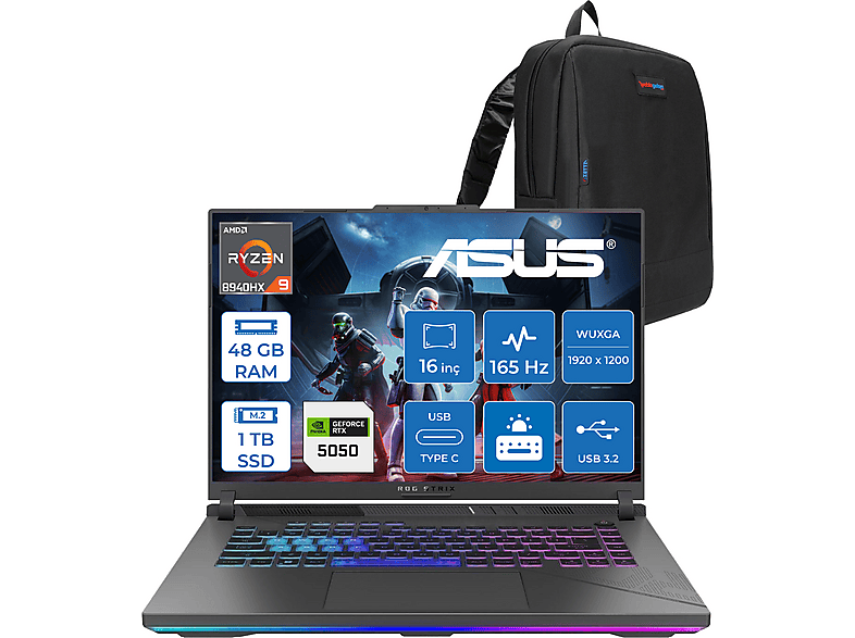 ASUS Rog Strix G16 8GB RTX5050 115W WUXGA 165Hz 300NITS WARV057F19 AMD Ryzen 9 8940HX 48 GB RAM 1 TB SSD 16 inç FreeDOS Laptop+Çanta Siyah
