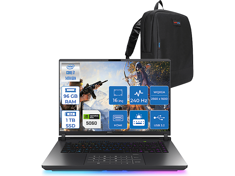 ASUS Rog Strix G16 8GB RTX5060 115W 2,5K 240Hz 3 ms WS5049F43 Intel Core i7-14650HX 96 GB RAM 1 TB SSD 16 inç FreeDOS Laptop+Çanta Siyah