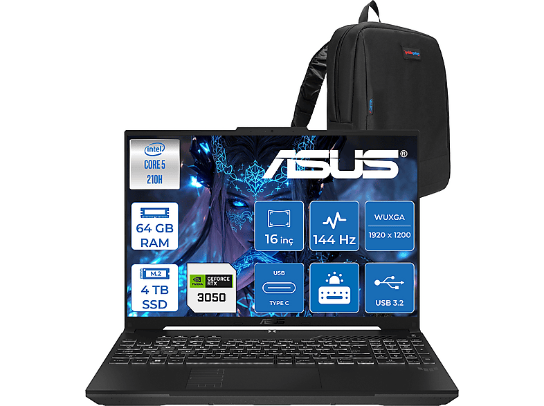 ASUS Tuf Gaming F16 FX607VJ RTX3050 6GB WUXGA 144Hz IPS RL033F35 Intel Core i5-210H 64 GB RAM 4 TB SSD 16 inç FreeDOS Laptop+Çanta Gri