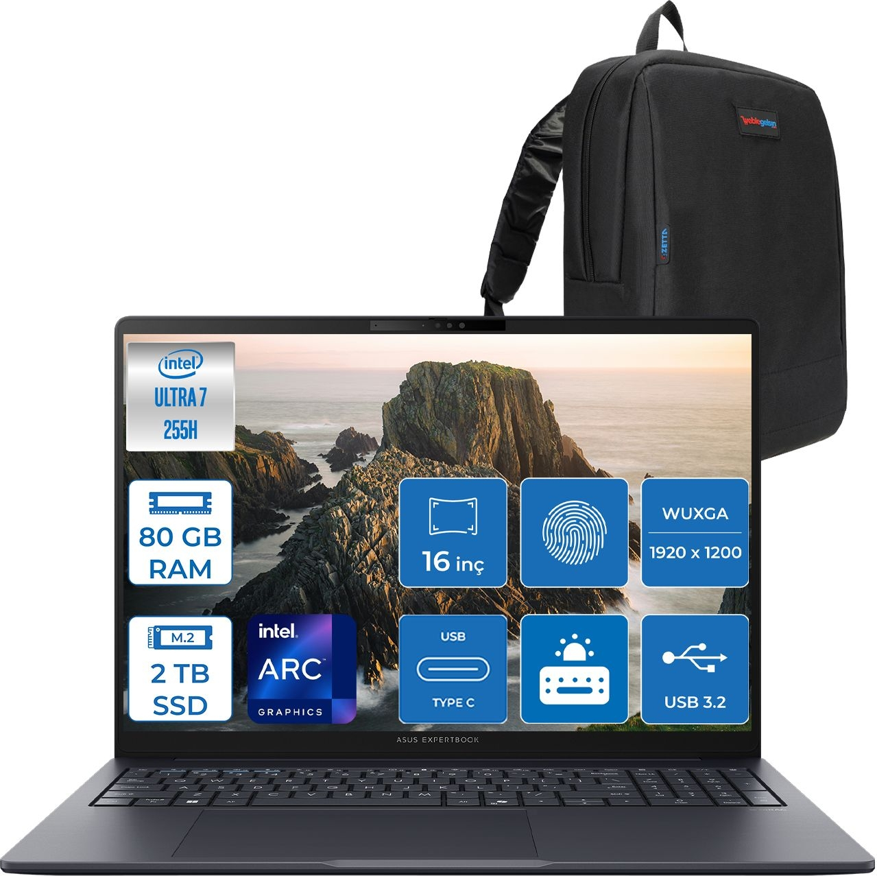 Intel Ultra 7 işlemcili, 80 GB RAM'li, 2 TB SSD'li siyah dizüstü bilgisayar ve siyah sırt çantası.