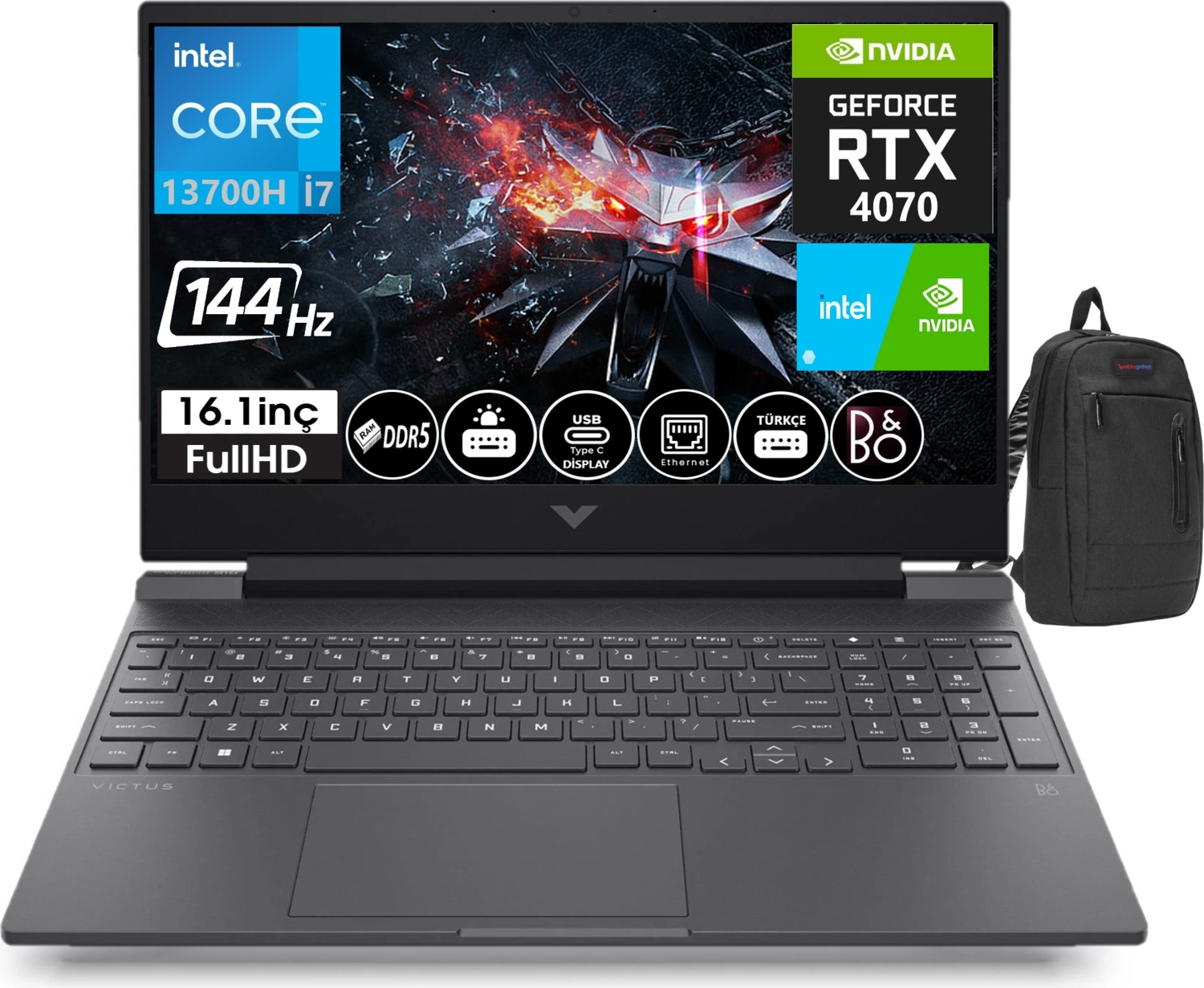 Intel Core i7, RTX 4070 işlemcili siyah dizüstü bilgisayar ve yanında sırt çantası.