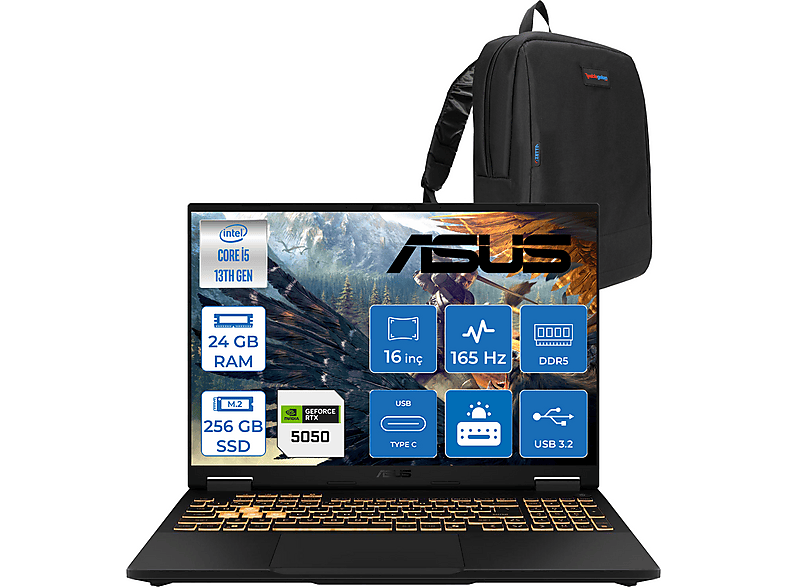 ASUS Tuf F16 FX608JH 8GB RTX5050 115W 165Hz FHD+ IPS WRV082F01 Intel Core i5-13450HX 24 GB RAM 256 GB SSD 16 inç FreeDOS Laptop+Çanta Siyah