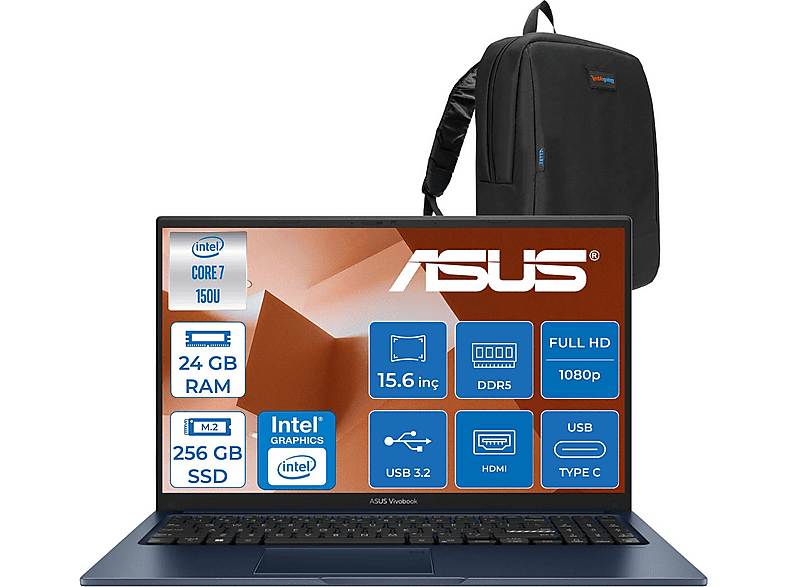 ASUS VivoBook 15 (X1504VA) X1504VA150UF06 Intel Core i7-150U 24 GB RAM 256 GB SSD 15,6 inç FreeDOS Laptop+Çanta Mavi