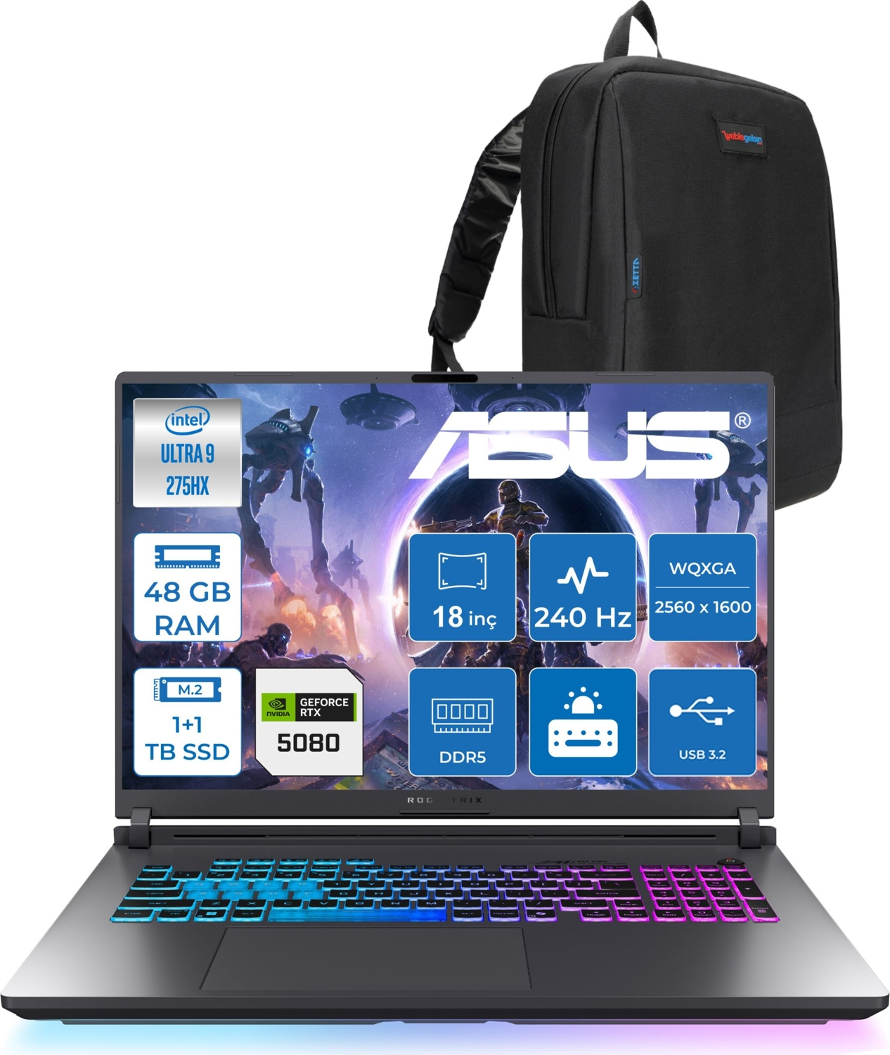 Intel Ultra 9, 48GB RAM, 1TB SSD, RTX 5080'li ASUS dizüstü bilgisayarın üzerinde siyah sırt çantası.