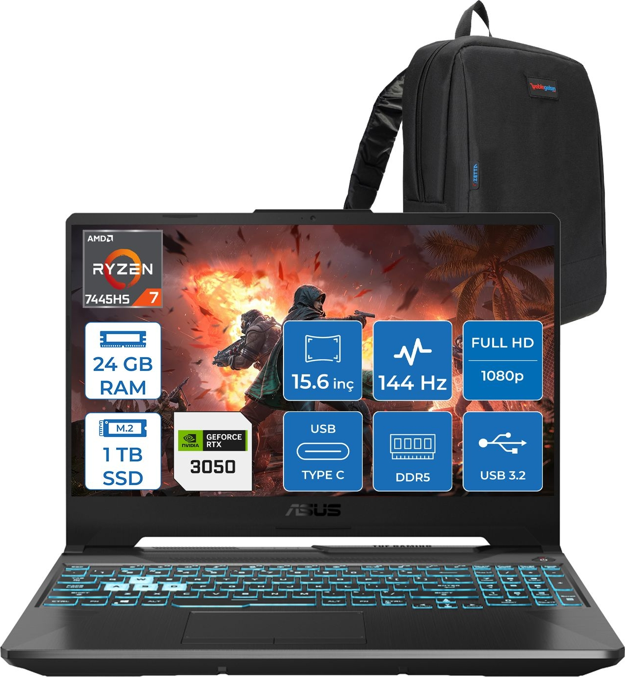 ASUS Tuf Gaming A15 FA506NCG RTX3050 4GB 75W HN206AF08 AMD Ryzen 7 7445HS 24 GB RAM 1 TB SSD 15,6 inç FreeDOS Laptop+Çanta Siyah