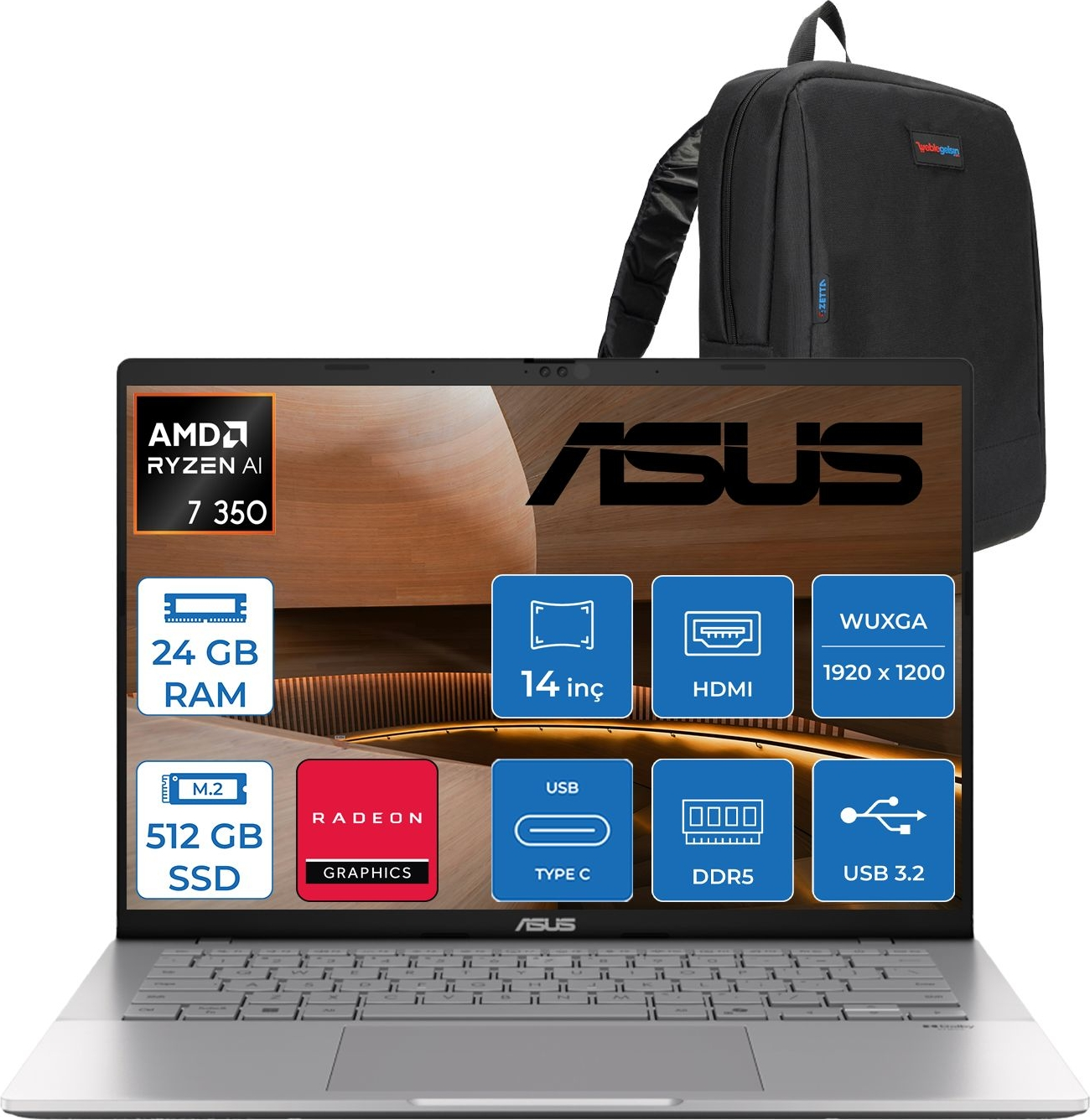AMD Ryzen AI 7 350 CPU, 24GB RAM, 512GB SSD, Radeon grafikali gümüş laptop.