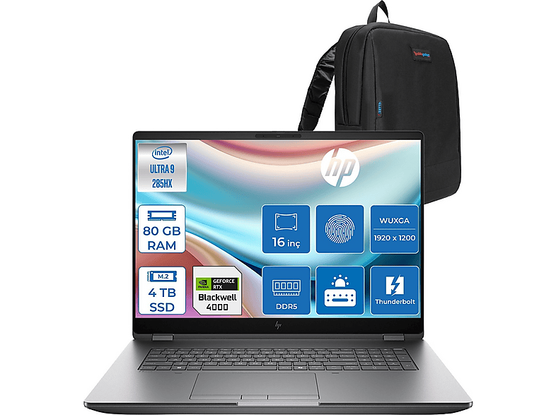 HP Zbook Fury G1I DDR5 16GB RTX4000 5F9Q9ESF28 Intel Core Ultra 9 285HX 80 GB RAM 4 TB SSD 16 inç FreeDOS Laptop+Çanta Gri