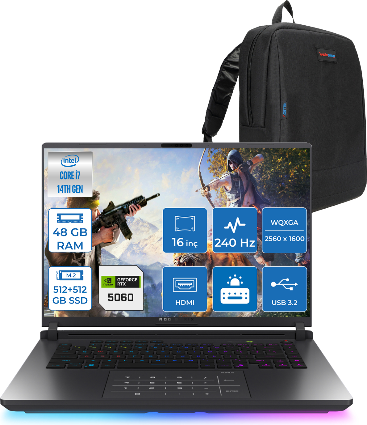 Intel Core i7, 48 GB RAM, 1 TB SSD, RTX 5060 ve sırt çantalı siyah dizüstü bilgisayar.