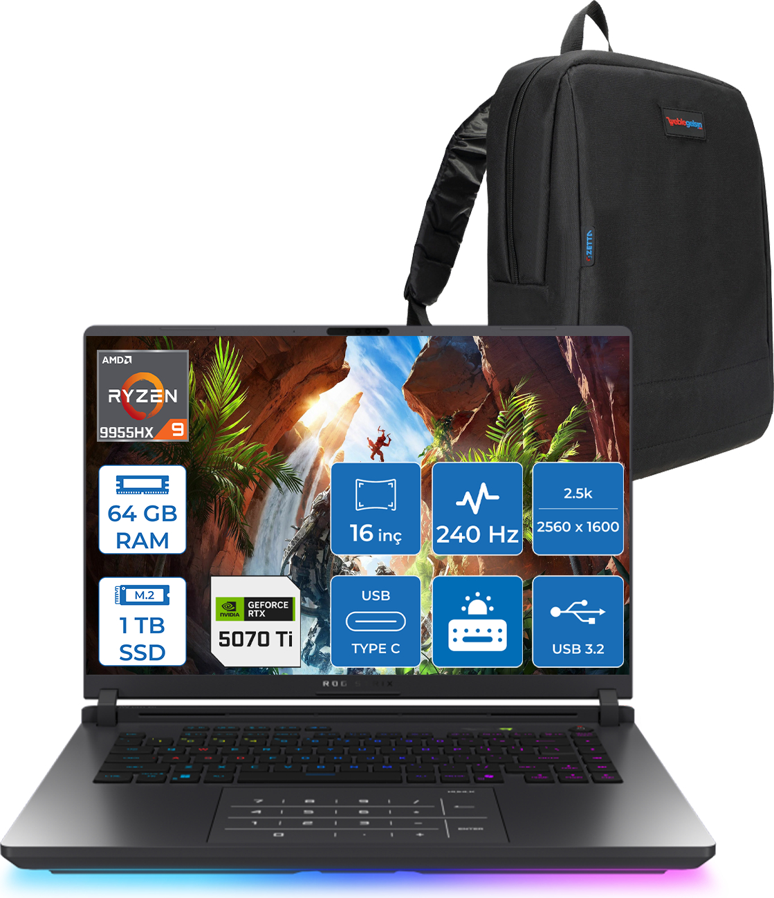 AMD Ryzen 9, 64GB RAM, 1TB SSD, NVIDIA RTX 5070 Ti dizüstü bilgisayar ve sırt çantası.