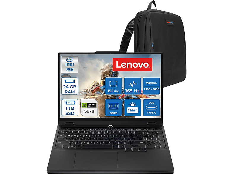 LENOVO Legion 5 15IAX10 RTX5070 83F0008BTRF03 Intel Core Ultra 7 255HX 24 GB RAM 1 TB SSD 15,1 inç FreeDOS Laptop+Çanta Siyah