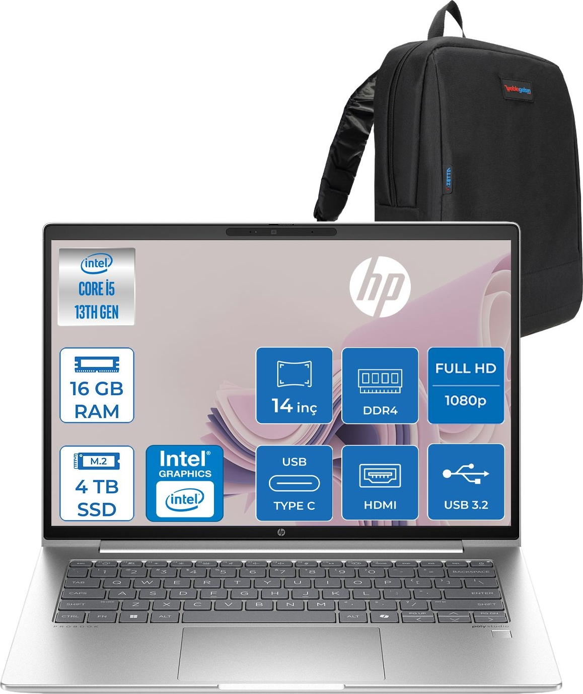Gümüş HP dizüstü bilgisayar, Intel Core i5, 16 GB RAM, 4 TB SSD ve siyah sırt çantası.