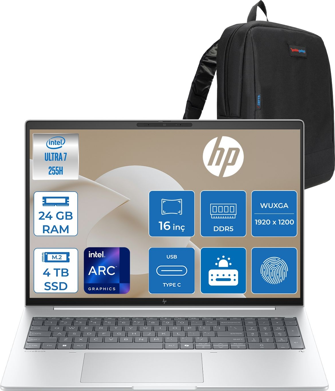 HP Elitebook 8 G1I Intel Arc 140T AD3T0ETF05 Intel Core Ultra 7 255H 24 GB RAM 4 TB SSD 16 inç FreeDOS Laptop+Çanta Siyah
