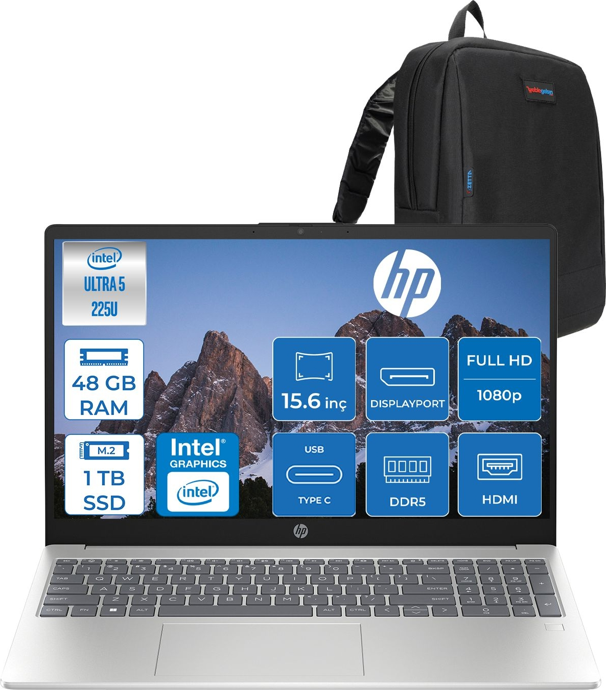 Intel Ultra 5 işlemcili gümüş HP dizüstü bilgisayar ve siyah sırt çantası.