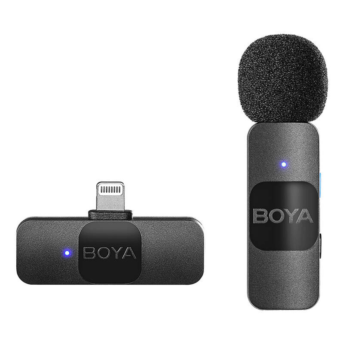 Dos micrófonos negros BOYA, uno con conector Lightning, otro con cabezal de micro.