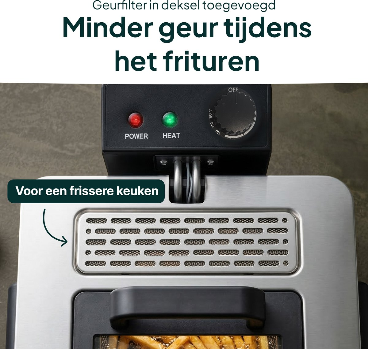 Friteuse avec filtre anti-odeurs dans le couvercle pour moins d'odeurs.
